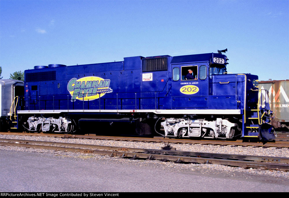 Vermont Railway GP38-2 #202 hauls the "Champlain Flyer"